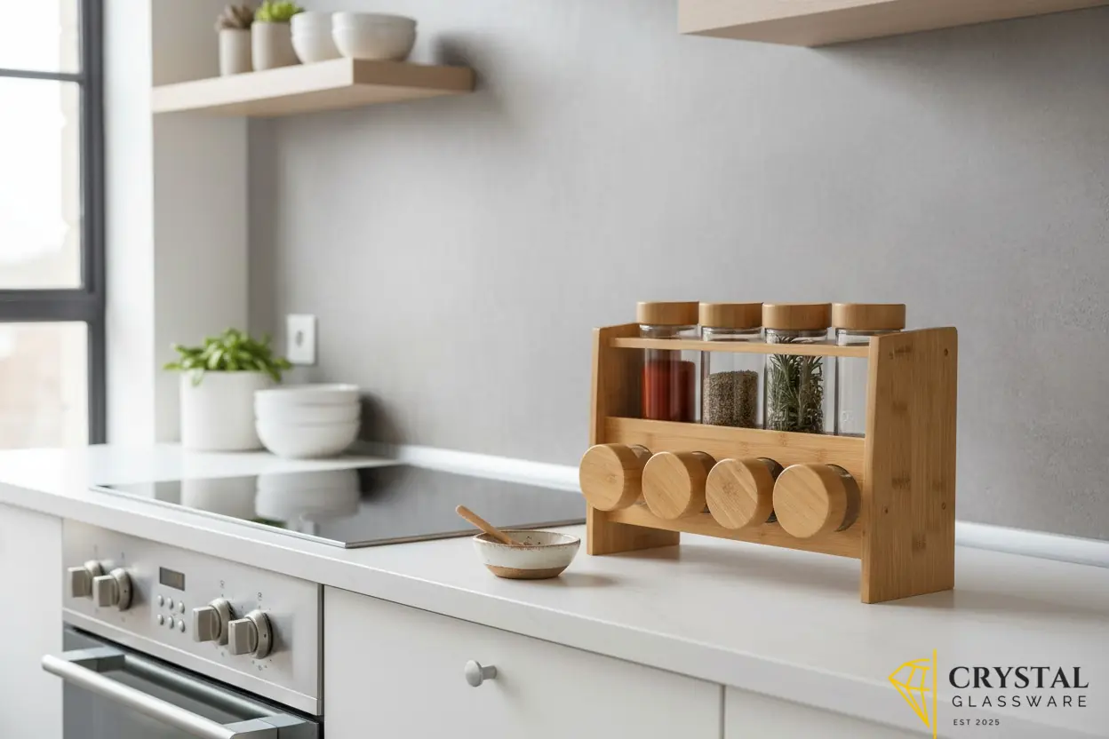  2-tier Billi bamboo spice rack featuring glass jars with wooden lids